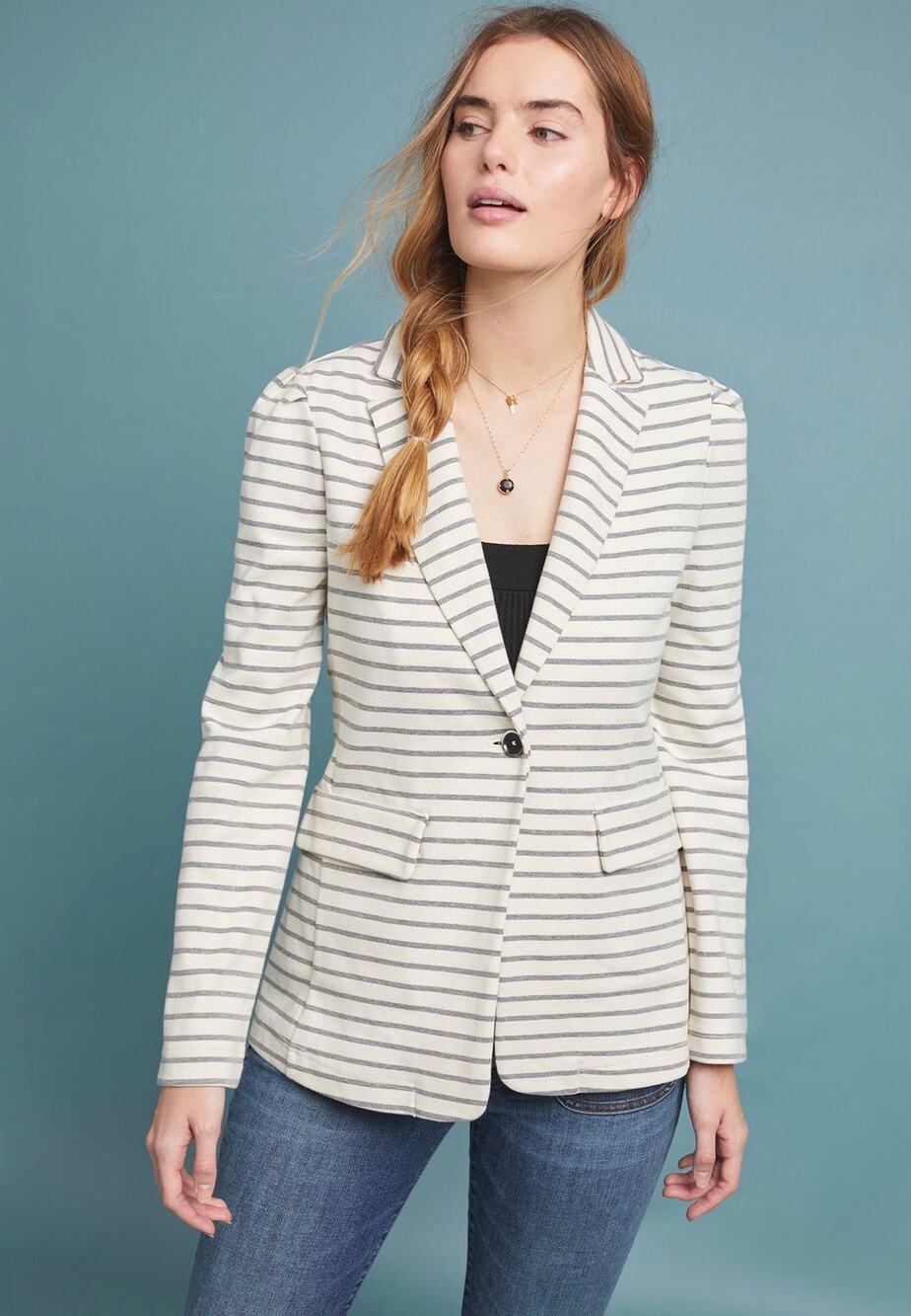 Anthropologie Striped Knit Blazer Ivory Gray Womenโs Small Button Front Jacket